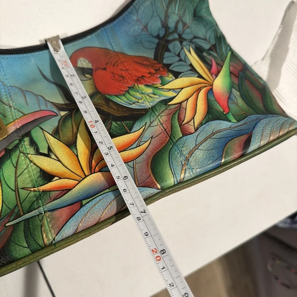 Anuschka Leather Hobo Tropical Bliss‎ Hand Painted Purse Brass Hardware Birds